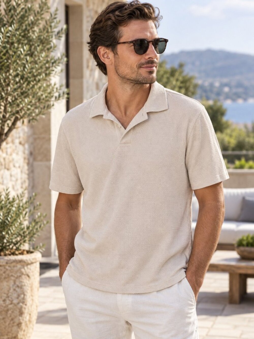Zegna Premium Cotton Waffle Knit Polo Shirt Beige 52 Large